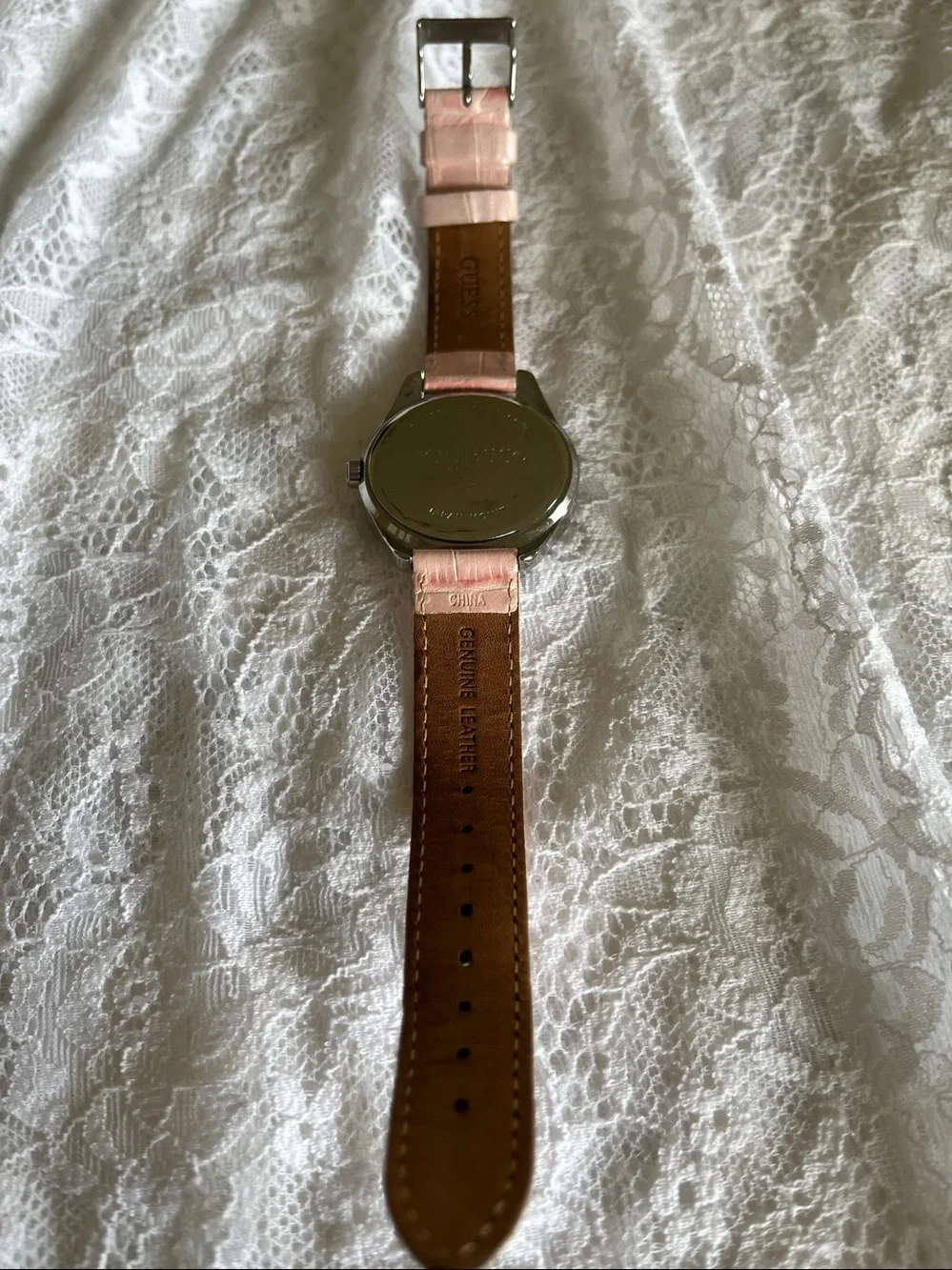 GUESS Pink Crystal-Trim Heart Dial Women’s Watch